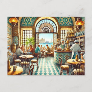 Café in Alexandrië Egypte Waterverf Schilderij Briefkaart