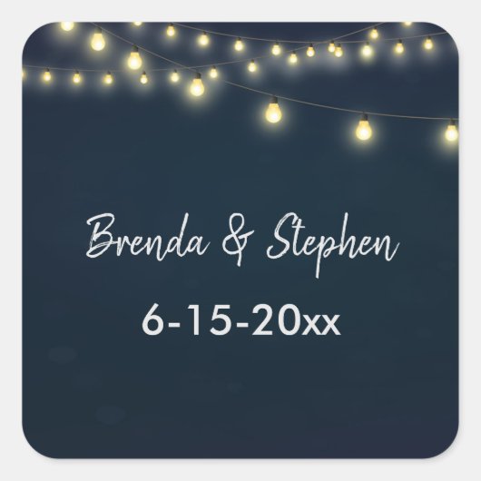 Cafe Lights bruid en bruidegom met trouwdatum Vierkante Sticker (Voorkant)