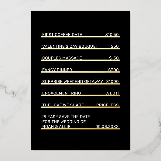 Café Menu Fun Unique Save the Date Gold Folie Uitnodiging (Voorkant)