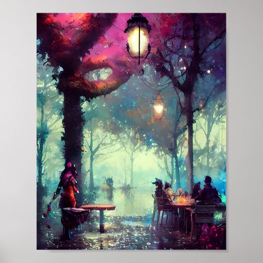 Cafe met bomen waterverf kunst poster (Voorkant)