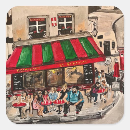 "Cafe on Rue Norvins, Montmartre" Parijs Vierkante Sticker (Voorkant)