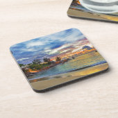 Cafe over tropisch strand op zonsondergang onderzetter (Linkerzijde)