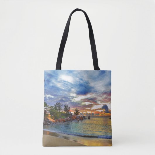 Cafe over tropisch strand op zonsondergang tote bag (Voorkant)