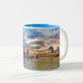 Cafe over tropisch strand op zonsondergang tweekleurige koffiemok (Voorkant rechts)