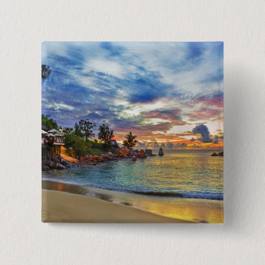 Cafe over tropisch strand op zonsondergang vierkante button 5,1 cm (Voorkant)
