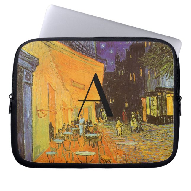 Cafe terrace op nachtmonogram laptop sleeve (Voorkant)
