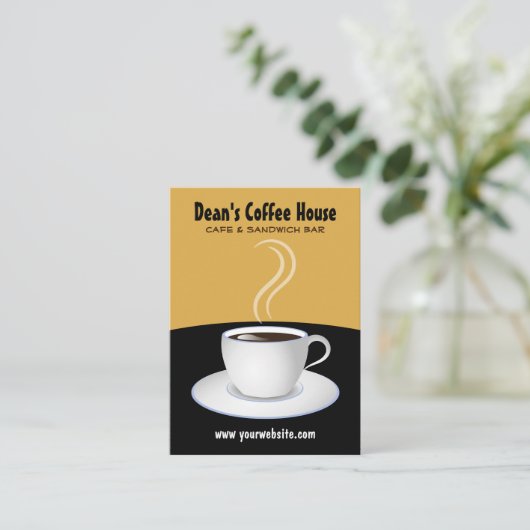 Café Zwart en Beige Koffiewinkel Verticaal Groot Visitekaartje (Staand voorkant)