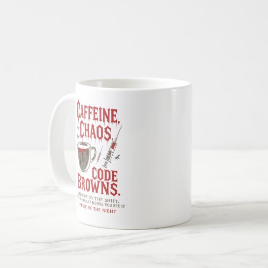 Cafeïne, Chaos & Code Browns Funny Night Nurse Koffiemok (Voorkant links)