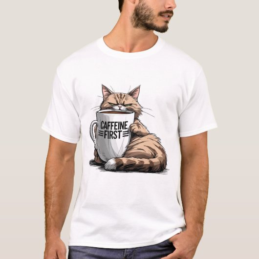 Cafeïne Eerste T-shirt voor Kat & Koffie Liefhebbe (Voorkant)