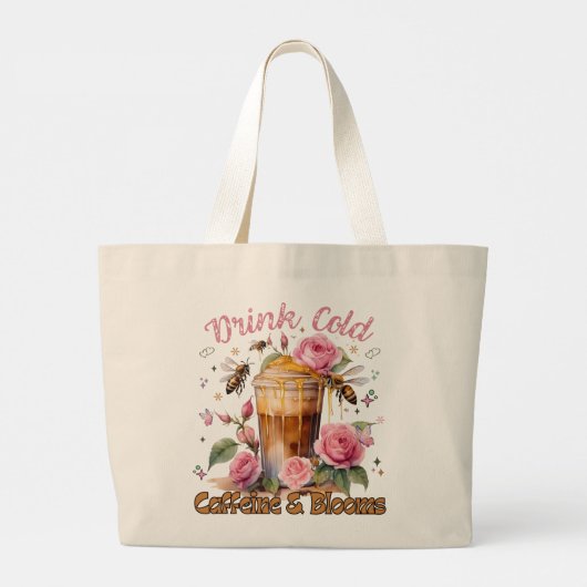 Cafeïne en bloemen: ijskoffie genot grote tote bag (Achterkant)