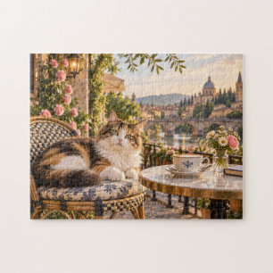 Cafékat Ontspant Naast Bloemige Theekop Legpuzzel