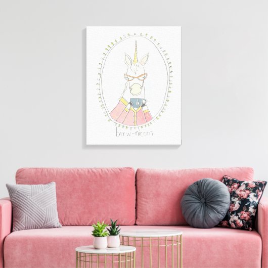 Caffeinaire Cutie | Brew Unicorn Canvas Afdruk (Insitu (Woonkamer))