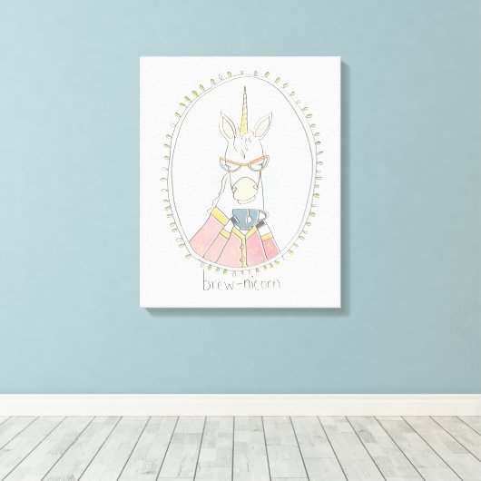 Caffeinaire Cutie | Brew Unicorn Canvas Afdruk (Insitu (Houten vloer))