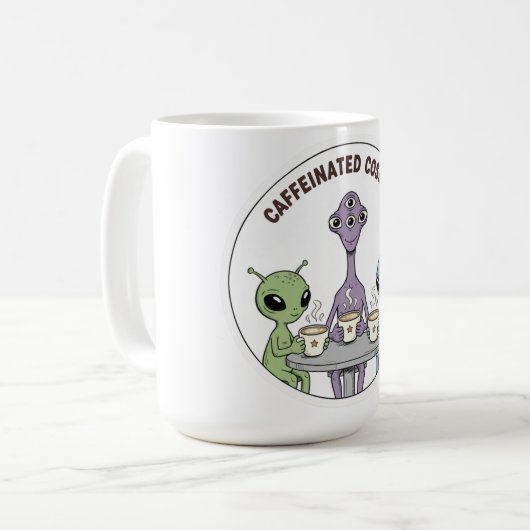Caffeinated Cosmos Cute Funny Alien Coffee Koffiemok (Voorkant links)