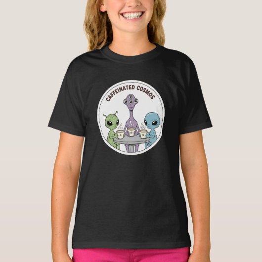 Caffeinated Cosmos Schattig Grappig Alien Koffie L T-shirt (Voorkant)