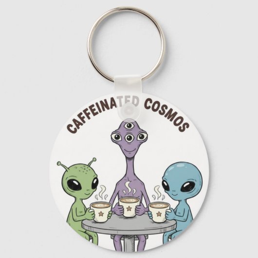 Caffeinated Cosmos Schattige Grappige Alien Koffie Sleutelhanger (Voorkant)