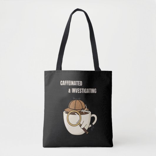 Caffeinated & Onderzoekend | Cozy Mystery Boek Lie Tote Bag (Voorkant)