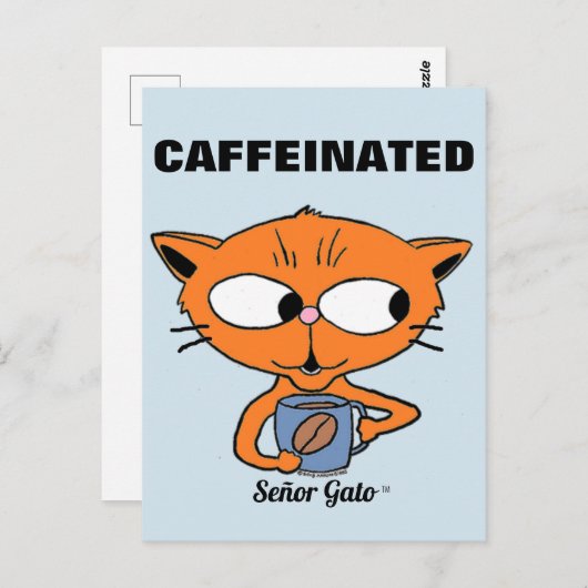 "CAFFEINATED" Señor Gato met koffie-Mok Briefkaart (Voorkant / Achterkant)