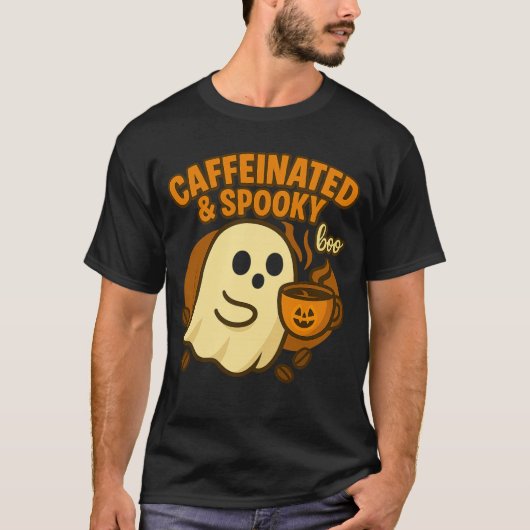 Caffeinated & Spooky Halloween Coffee Ghost T-shirt (Voorkant)