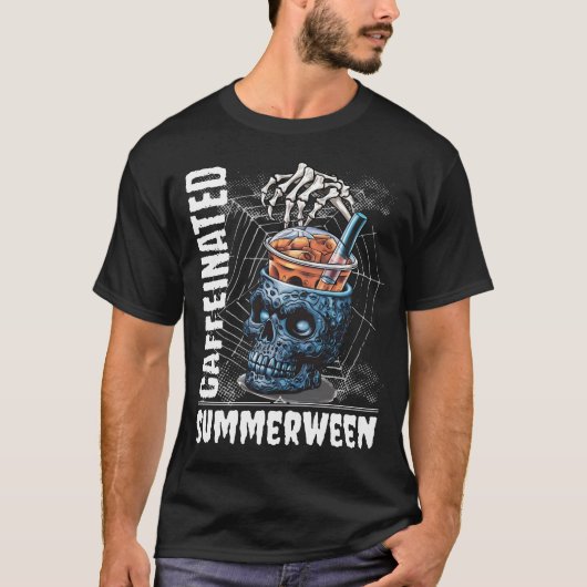 Caffeinated Summerween Skelet Koffie Halloween T-shirt (Voorkant)