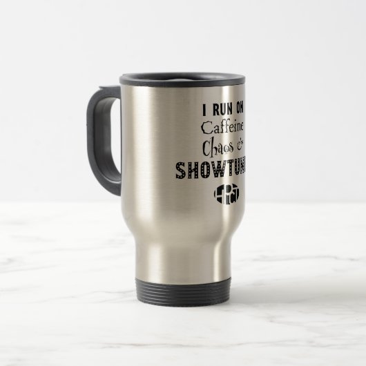 Caffeine, Chaos en Showtunes Thermal Travel Mug Reisbeker (Voorkant links)