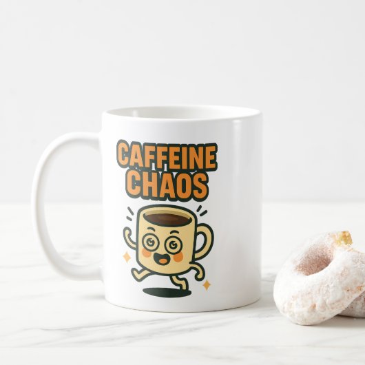 Caffeine Chaos Funny Energetic Coffee Cup Cartoon Koffiemok (Met donut)