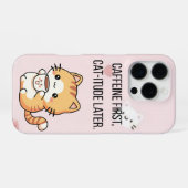 Caffeïne eerst, kat-itude later | Grappige kat tel iPhone Hoesje (Achterkant horizontaal)