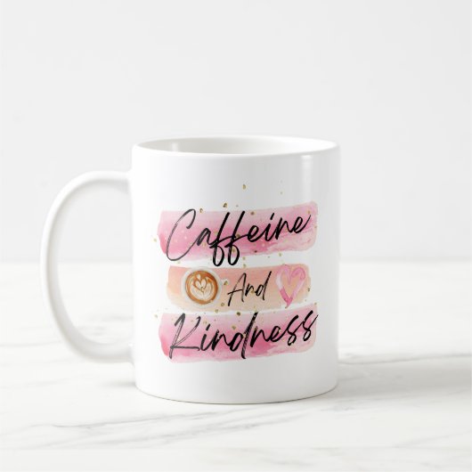 Caffeïne en Vriendelijkheid Roze Koffie Kunst Koffiemok (Links)