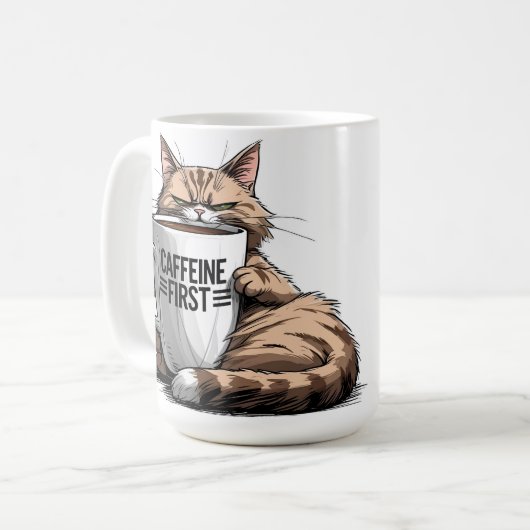 Caffeine First Coffee Mug for Cat & Coffee Lovers Koffiemok (Voorkant links)
