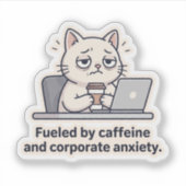 Caffeïne Kat Grappige Kantoor Uitgeput Sticker (Voorkant)