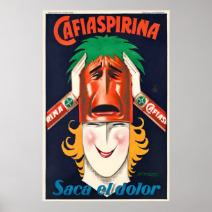 Cafiaspirina Saca el Dolor Bayer Aspirin Vintage Poster