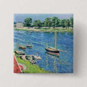 Caillebotte - Seine bij Argenteuil, Aangemeerde bo Vierkante Button 5,1 Cm