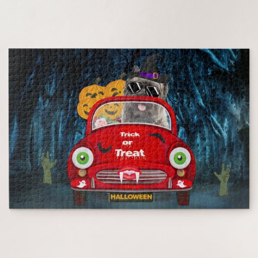Cairn Terrier Bestuurt Auto Griezige Halloween Legpuzzel (Horizontaal)