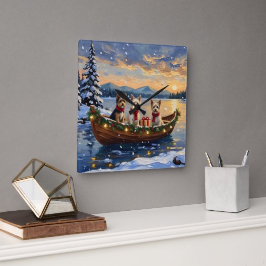 Cairn Terrier Christmas Boat Holiday Vierkante Klok (Kantoor)