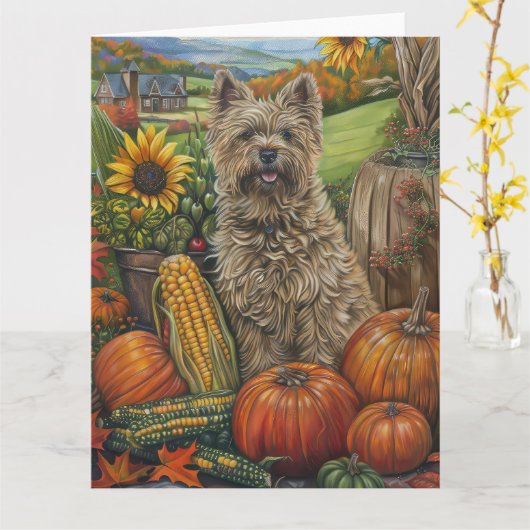 Cairn Terrier Dog Autumn Harvest Thanksgiving Kaart (Gele Bloem)