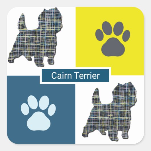 Cairn Terrier Dog & Paw Y&B Grid Square Sticker (Voorkant)