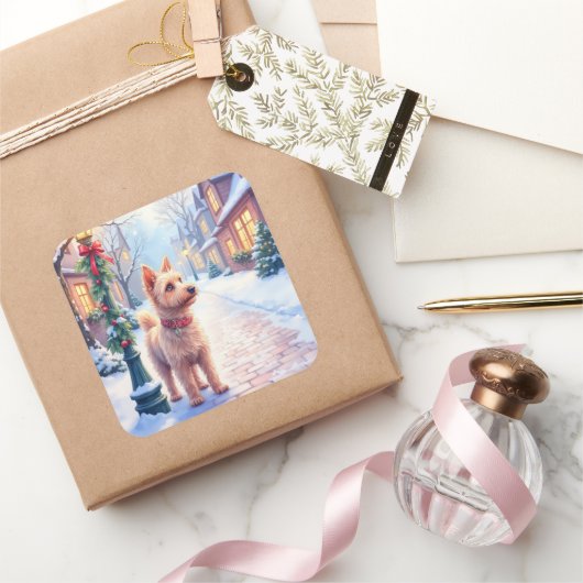 Cairn Terrier Festive Lamppost Village Christmas Vierkante Sticker (Geschenken)