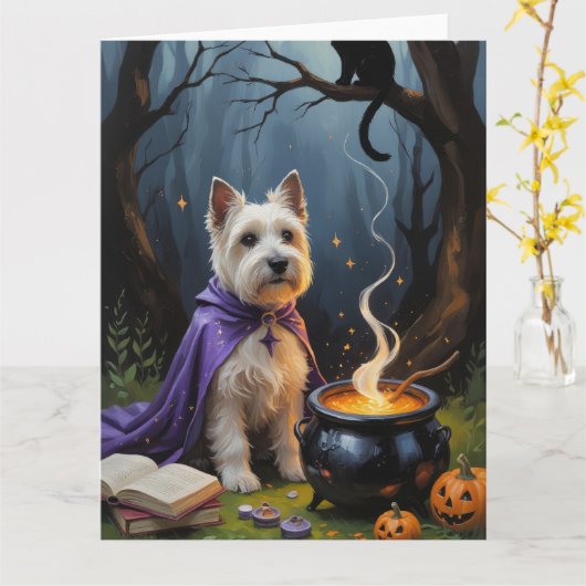 Cairn Terrier hond grillige Halloween schilderij Kaart (Gele Bloem)
