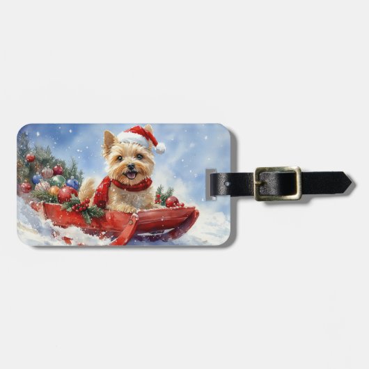 Cairn Terrier Hond in Sledge Laat het Sneeuw Kerst Bagagelabel (Voorkant horizontaal)