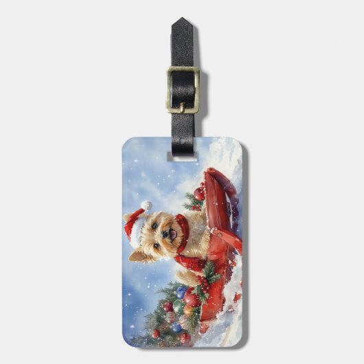 Cairn Terrier Hond in Sledge Laat het Sneeuw Kerst Bagagelabel (Voorkant verticaal)