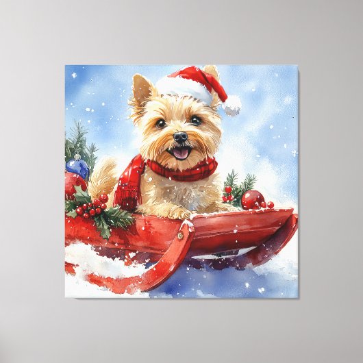 Cairn Terrier Hond in Sledge Laat het Sneeuw Kerst Canvas Afdruk (Voorkant)
