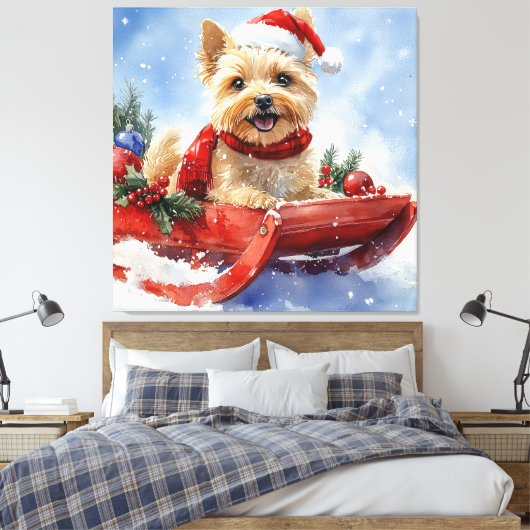 Cairn Terrier Hond in Sledge Laat het Sneeuw Kerst Canvas Afdruk (Insitu (Slaapkamer))