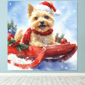 Cairn Terrier Hond in Sledge Laat het Sneeuw Kerst Canvas Afdruk (Insitu (Houten vloer))