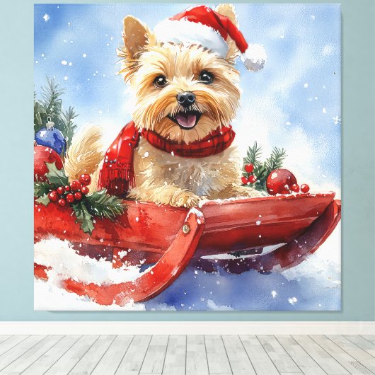 Cairn Terrier Hond in Sledge Laat het Sneeuw Kerst Canvas Afdruk (Insitu (Houten vloer))