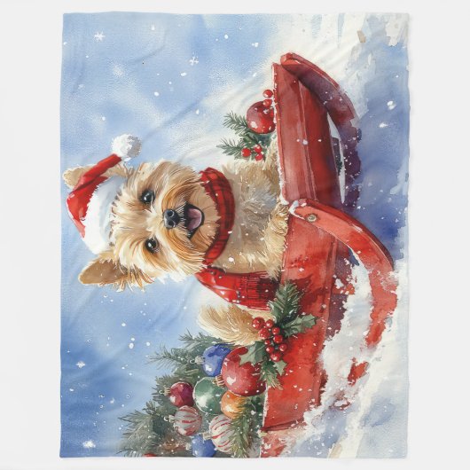 Cairn Terrier Hond in Sledge Laat het Sneeuw Kerst Fleece Deken (Voorkant)