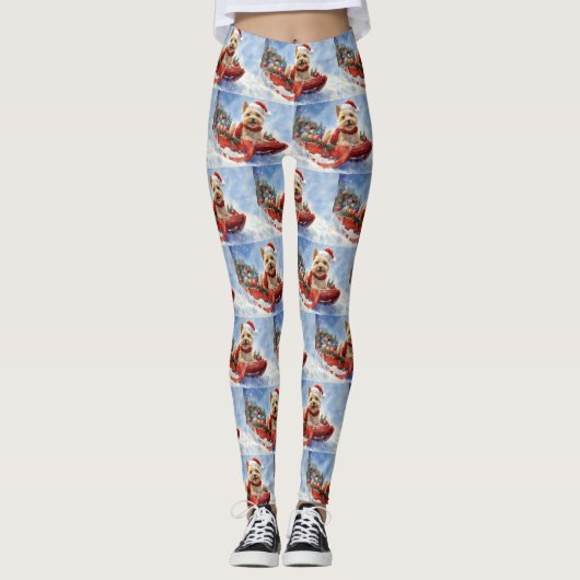 Cairn Terrier Hond in Sledge Laat het Sneeuw Kerst Leggings (Voorkant)