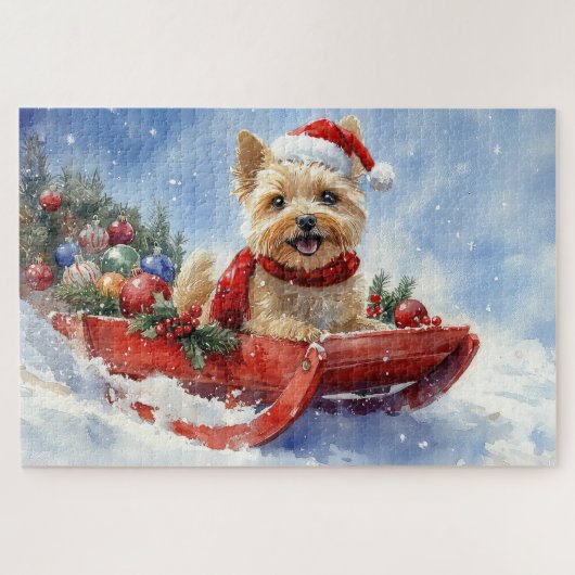 Cairn Terrier Hond in Sledge Laat het Sneeuw Kerst Legpuzzel (Horizontaal)