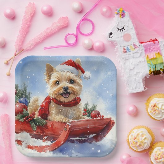 Cairn Terrier Hond in Sledge Laat het Sneeuw Kerst Papieren Bordje (Feest)