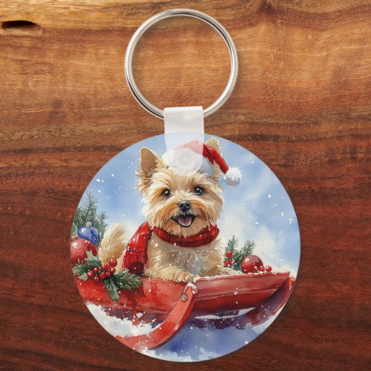 Cairn Terrier Hond in Sledge Laat het Sneeuw Kerst Sleutelhanger (Voorkant)