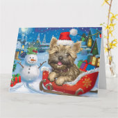 Cairn Terrier Hond in Sleigh Sneeuw Kerstmis Kaart (Gele Bloem)